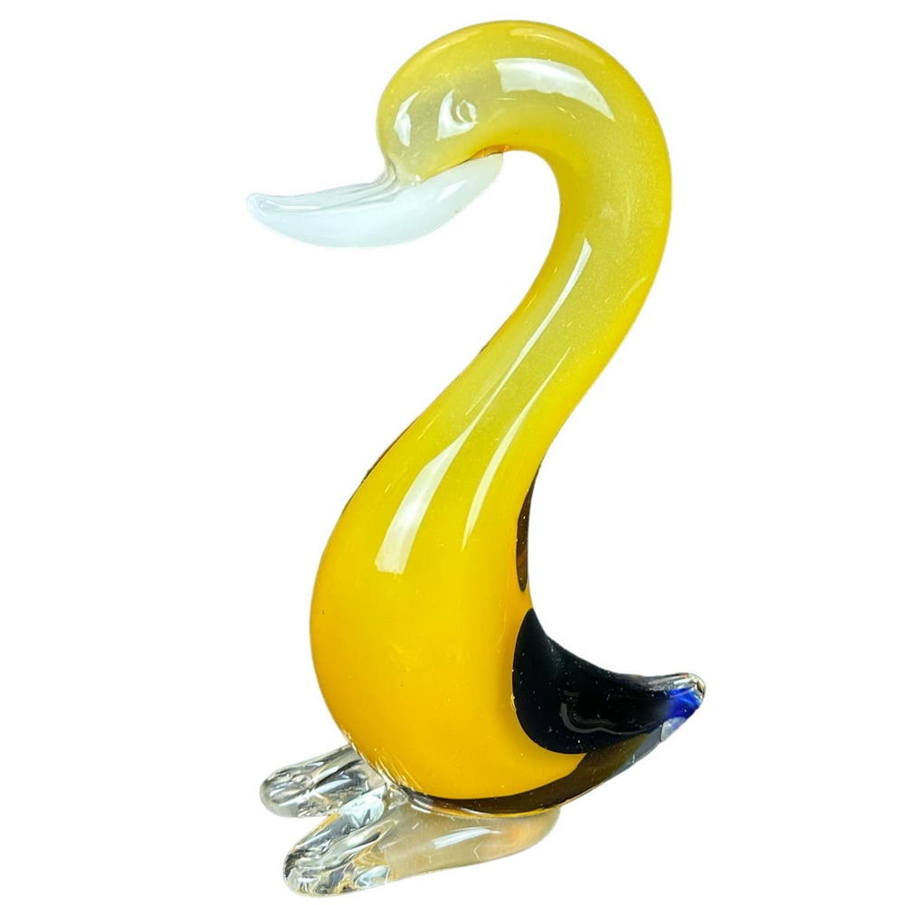 Hand Blown Murano Style Art Glass Large Heavy Yellow Clear White Blue Goose-12"